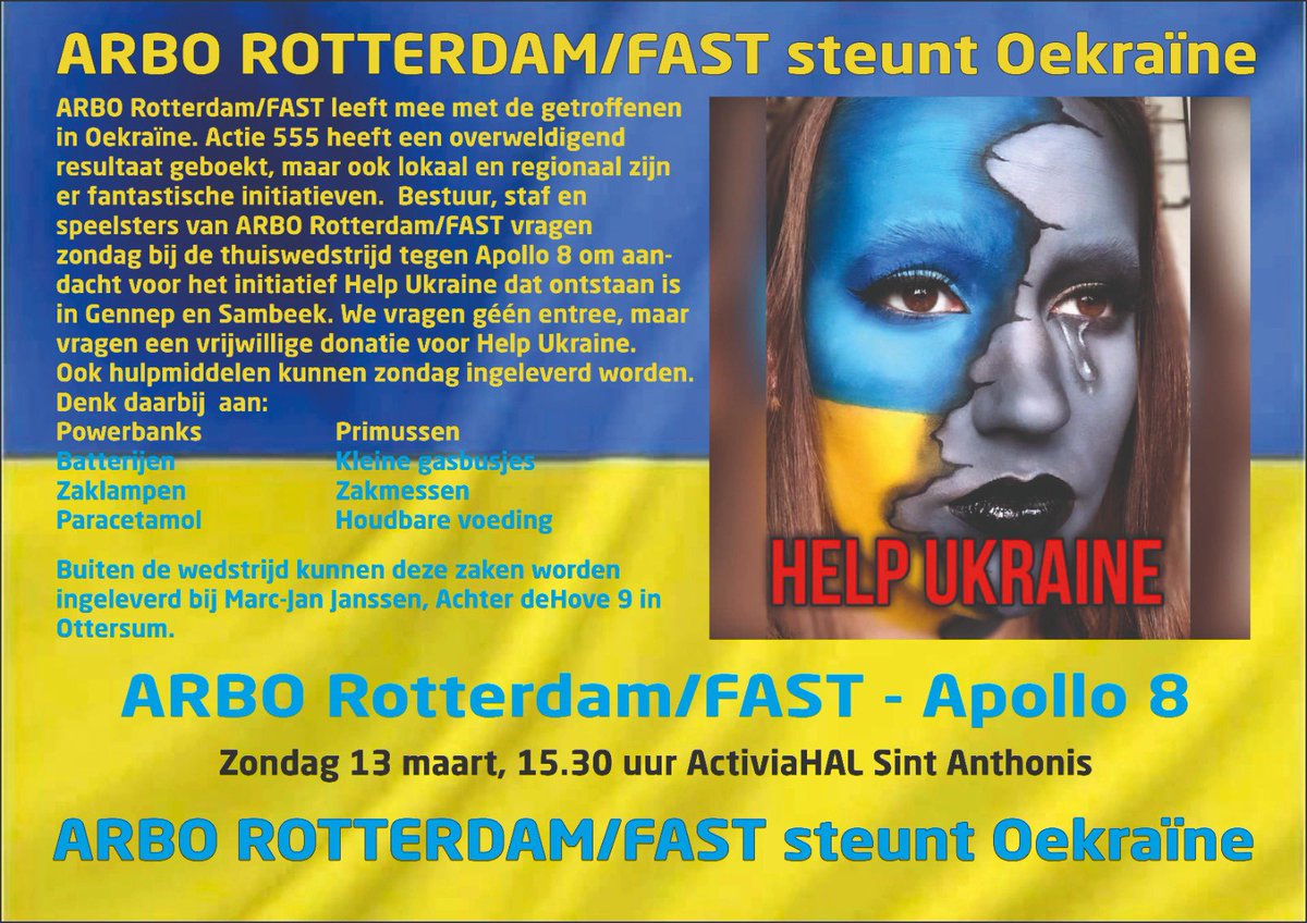 Rond onze thuiswedstrijd tegen <a href="/Apollo8Dames1/">Ecare Apollo8 Dames1</a> vragen we zondag in <a href="/SintAnthonis/">sinttunnis.info</a> aandacht voor de actie Help Ukraine van <a href="/marcjanjanssen/">DeCartoonVanMarc</a>. #nowar #eredivisievolleybal