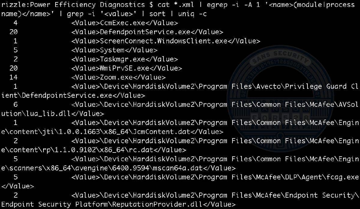 #DFIR Tip: Don't forget to check out the files sitting in `ProgramData\Microsoft\Windows\Power Efficiency Diagnostics\*`. These XML files are snapshotted daily and denote processes using high CPU cycles. See screenshot for a command to review process names/files.