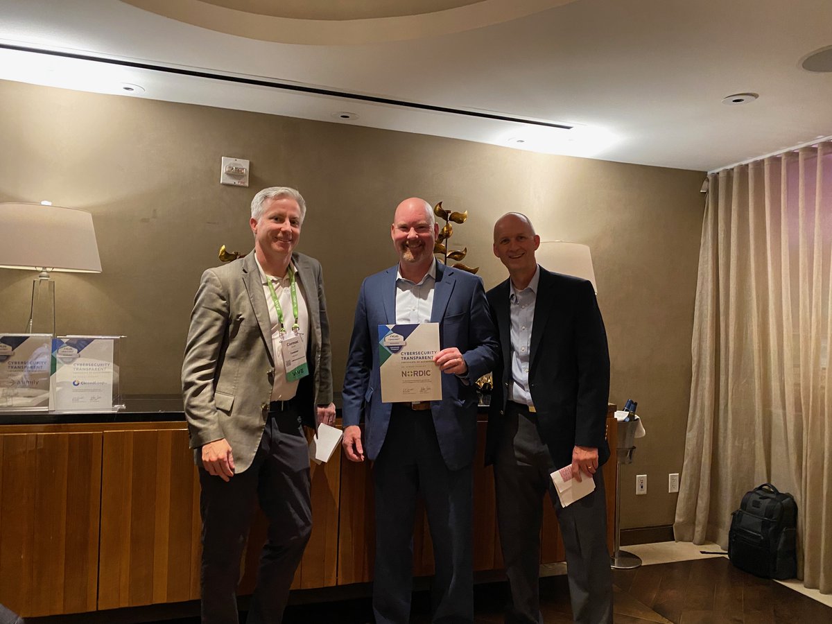 censinet's tweet image. Congratulations to @Nordic_Global  for their #CybersecurityTransparent award this week at #ViVE2020. Shown are Cormac Miller of @censinet, Jeff Buss of @Nordic_Global, and Bob Cash of @KLASresearch.