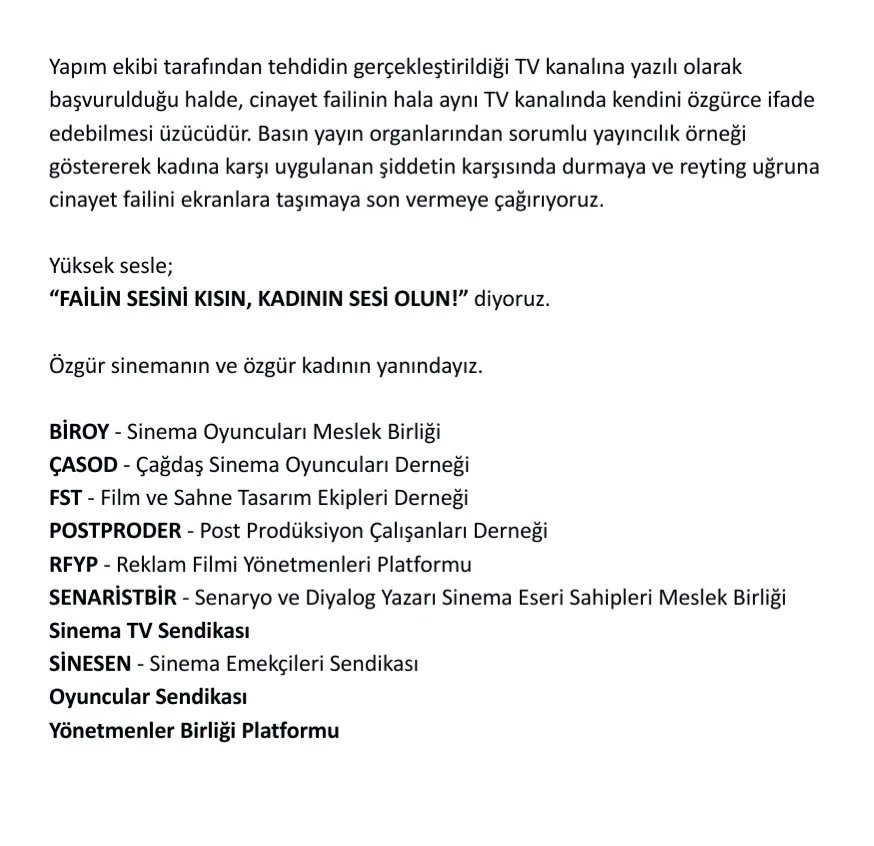 SenaristBir (@senaristbir) on Twitter photo Kamuoyunun dikkatine... #bergen <a href="/biroymb/">Sinema Oyuncuları Meslek Birliği BİROY</a> <a href="/casod1992/">Çağdaş Sinema Oyuncuları Derneği (ÇASOD)</a> <a href="/postproder/">POSTPRODER - PPD</a> <a href="/FST_der/">Film ve Sahne Tasarım Ekipleri Derneği</a> #rfyplatformu <a href="/sinematvsen/">Sinema TV Sendikası</a> <a href="/DiskSine/">Sine-Sen</a> <a href="/oyuncusendika/">Oyuncular Sendikası</a> <a href="/yonetmenler/">Yönetmenler Birliği Platformu</a> Kamuoyunun dikkatine... #bergen <a href="/biroymb/">Sinema Oyuncuları Meslek Birliği BİROY</a> <a href="/casod1992/">Çağdaş Sinema Oyuncuları Derneği (ÇASOD)</a> <a href="/postproder/">POSTPRODER - PPD</a> <a href="/FST_der/">Film ve Sahne Tasarım Ekipleri Derneği</a> #rfyplatformu <a href="/sinematvsen/">Sinema TV Sendikası</a> <a href="/DiskSine/">Sine-Sen</a> <a href="/oyuncusendika/">Oyuncular Sendikası</a> <a href="/yonetmenler/">Yönetmenler Birliği Platformu</a>