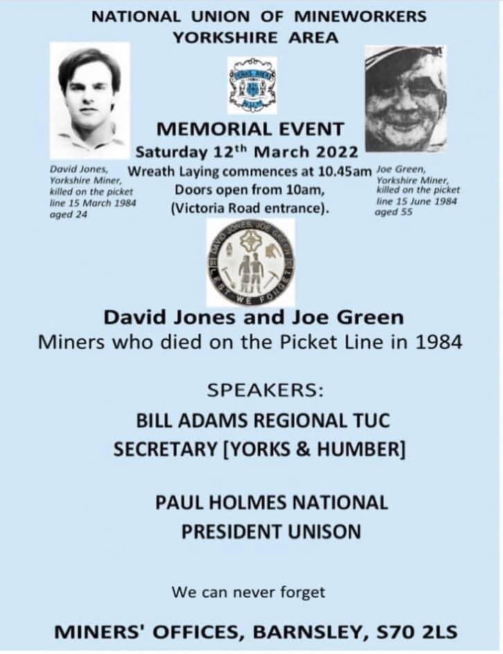 Tomorrow we will remember David Jones &amp; Joe Green who Payed  the Ultimate Price in defending their Union.
RIP ✊🏻 #NeverCrossAPicketLine  <a href="/tribunemagazine/">Tribune</a> <a href="/UnitedScaffs/">United Scaffs</a> <a href="/ReelNewsLondon/">Reel News</a> <a href="/LauraPidcock/">Laura Pidcock</a> <a href="/Miners_Strike/">Miners Strike</a> <a href="/orgreavejustice/">Orgreave Justice</a> <a href="/johndunn322/">John Dunn</a> <a href="/UniteSharon/">Sharon Graham</a> <a href="/StrikeMapUK/">Strike Map - We've moved!</a>