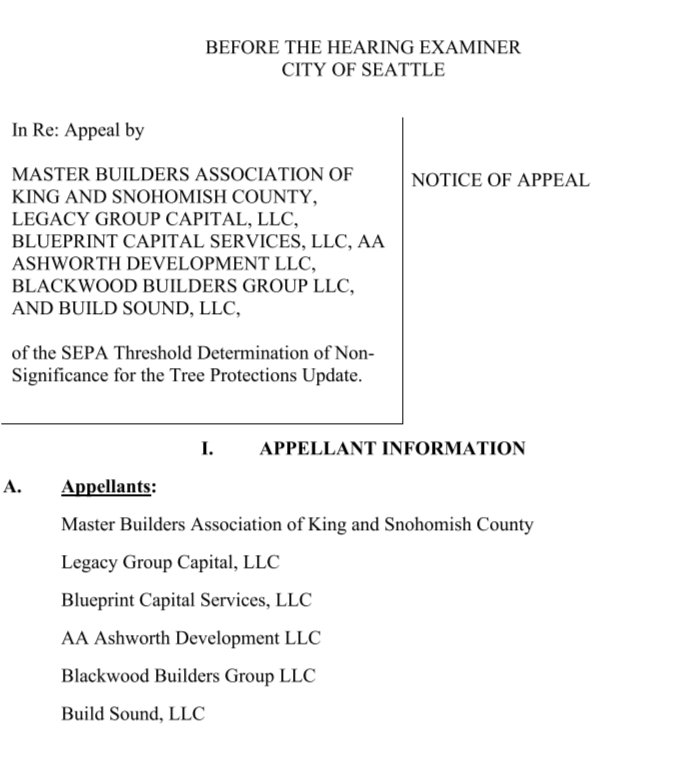 HearingSeattle's tweet photo. Filed yesterday, the Master Builders Association of King and Snohomish County joined several real estate entities in an appeal against Seattle's proposed updated tree protection ordinance. https://t.co/rqGHtKzFNE
