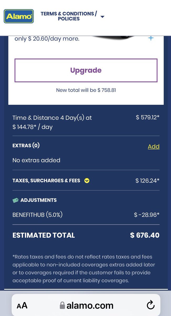 WhoYouThinkYouR's tweet photo. @Alamo @alamocares Though my employer we are suppose to get a corporate discount of 5% off Alamo Car Rental. When you enter the Contract ID # the Alamo site INCREASES the daily rate.The price to rent is exactly the same with or without the supposed 5% off could you please explain https://t.co/yet45uyqam