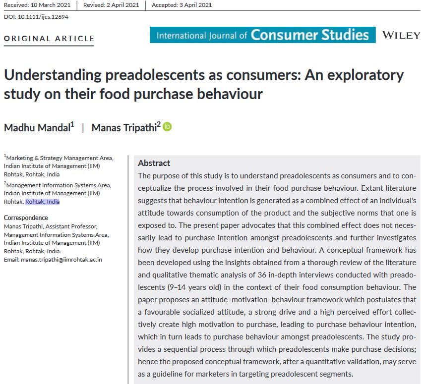 Preadolescents (ages 9-14) are an understudied population group in #foodchoice research worldwide. What are some of their #driversoffoodchoice? A qualitative study by @IIM_Rohtak explored food purchasing by #preadolescents in different parts of #India🇮🇳: onlinelibrary.wiley.com/doi/full/10.11…