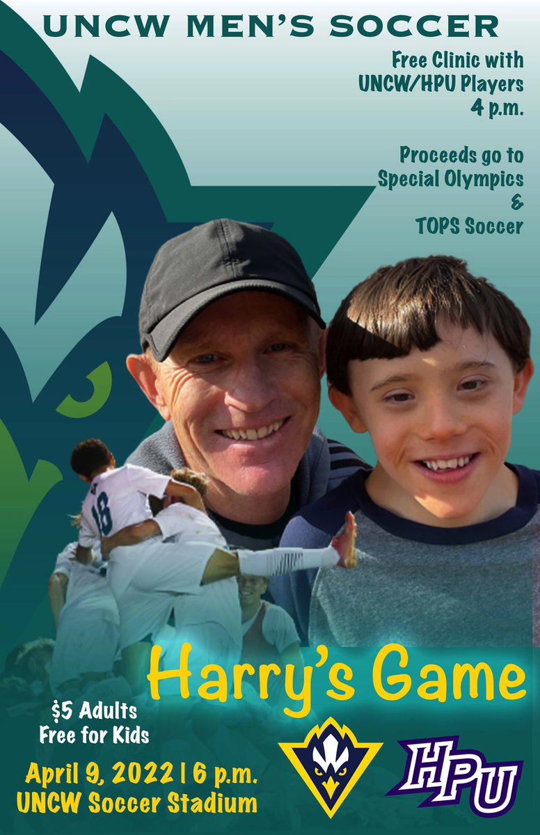 UNCWMenssoccer's tweet photo. Join us on Saturday, April 9, as we host @HPUMSOCCER in the annual Harry’s Game.

The springtime staple includes a free clinic with players, a jersey auction, and fun for the entire family!

We can’t wait to see you at UNCW Soccer Stadium.

#HawkYeah #1Team1Goal https://t.co/I11U9NroGV