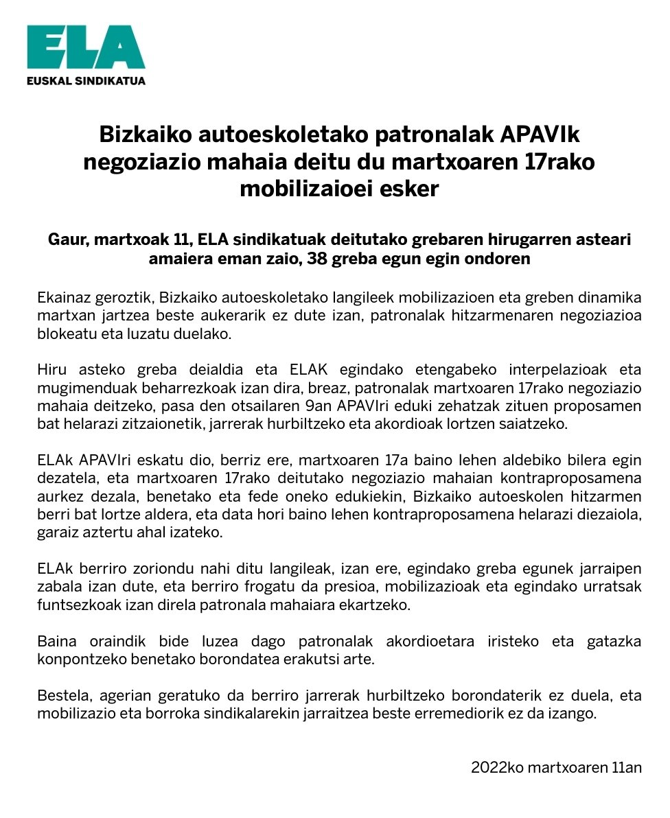 ELAHezkuntza's tweet photo. Bizkaiko autoeskoletako patronalak #APAVI-k negoziazio mahaia deitu du martxoaren 17rako, @ELAsindikatua-k deitutako mobilizazioei esker
Gaur 3️⃣8️⃣ greba egun bete dira, langileon izugarrizko indarra erakutsiz!💪💪💪
#AutoeskoletakoBorrokan
Info osoa
👇👇👇 https://t.co/6xDi8K9tZM