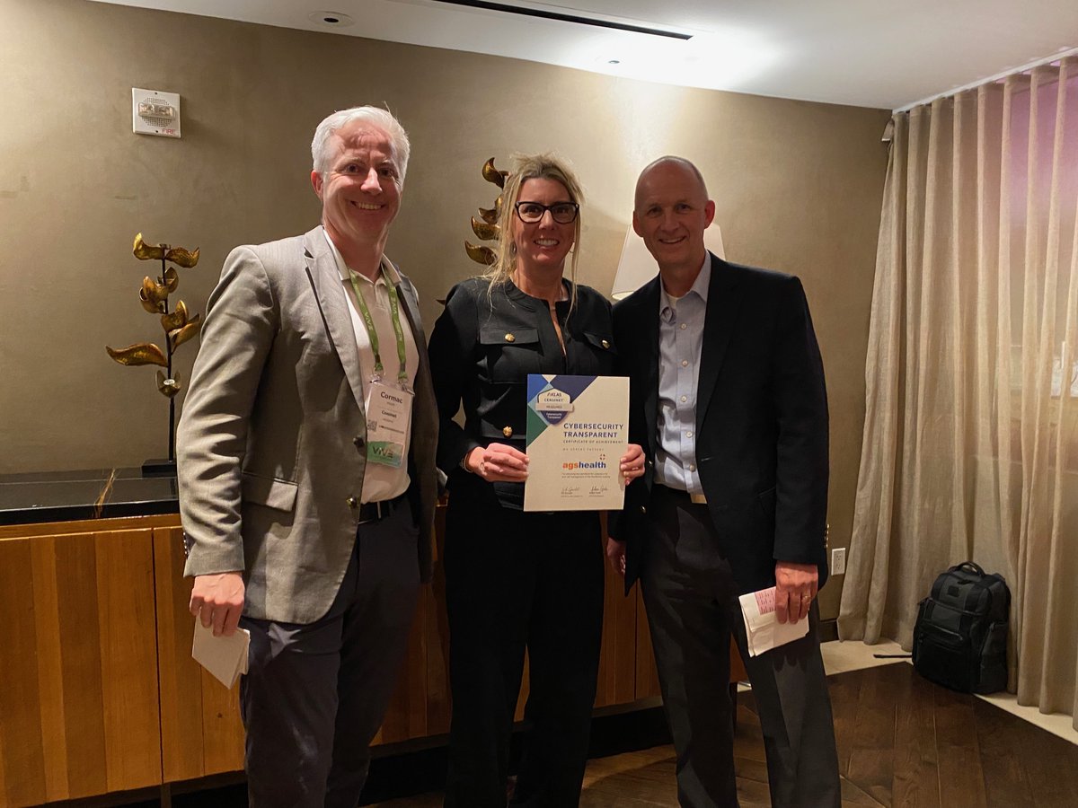 censinet's tweet image. Congratulations to @HealthAgs  for their #CybersecurityTransparent award this week at #ViVE2020. Shown are Cormac Miller of @censinet, Christina Cussimanio of @HealthAgs, and Bob Cash of @KLASresearch.