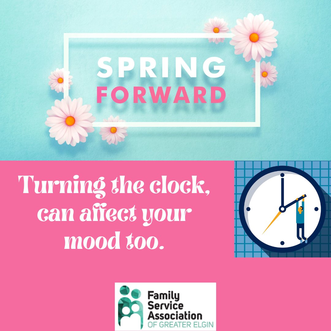 FSAElgin's tweet image. This Sunday, we will all Spring forward one hour. 
One of the best ways to adjust is to try and stick to your regular schedule, expose yourself to natural lighting and seek support when you need it. Your mental health matters. 
#springforward #daylightsavings #mentalhealthmatters
