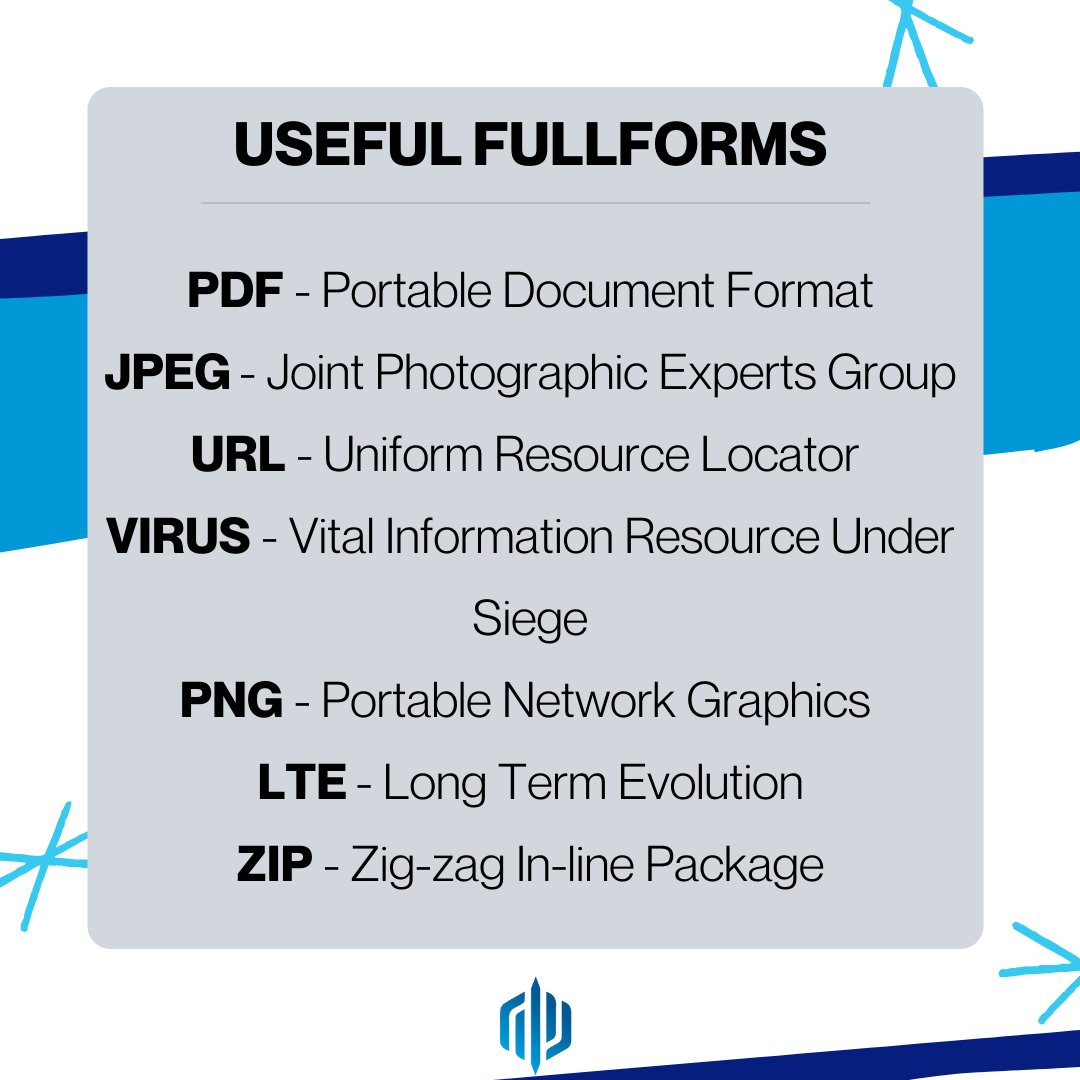 Here are some common full forms. 

#creativeteams #computerapplications #coding #programming #computerengineering #fullforms #educations #useful