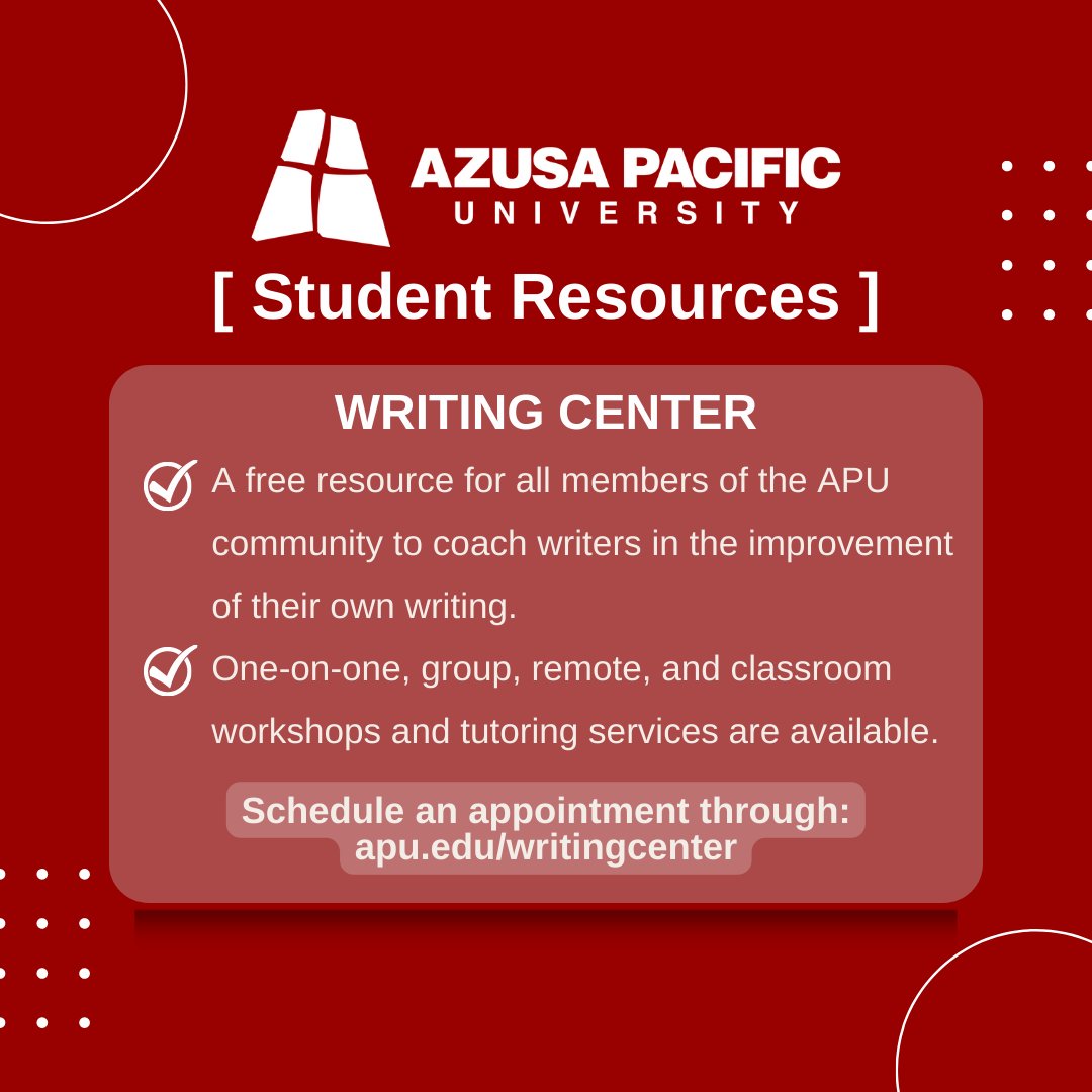 APUGradPrograms's tweet image. As an APU student, you can access free campus supports, including the Writing Center! Book an appointment today to review your MLA, APA, and Oxford Comma questions!