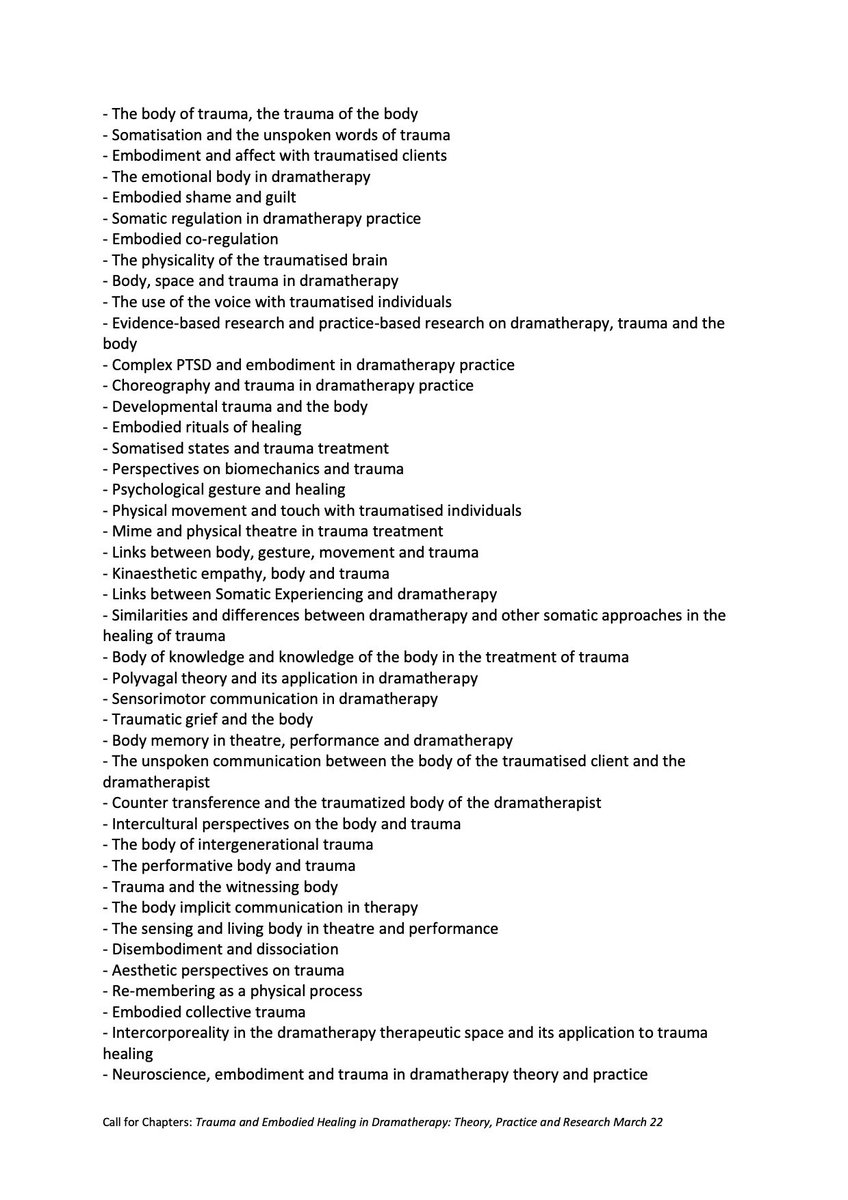 JFJacques14's tweet photo. Delighted to announce a CALL FOR CHAPTERS for a forthcoming interdisciplinary edited volume on ‘Trauma and Embodied Healing in Dramatherapy: Theory, Practice and Research’ due to be published by Routledge in Spring 2023. Proposals deadline 9 April 2022. RT very welcome https://t.co/byc5at81sy