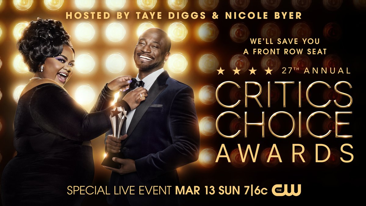 TOMORROW watch 5 hours of LIVE coverage of 27th annual Critics Choice Awards, hosted by @TayeDiggs & @nicolebyer, with both the Red Carpet & award show on #CW26!🏆👄 Tune in tomorrow starting at 4P on #CW26. Sponsored by: @insuranceking_ & @IllinoisStateU