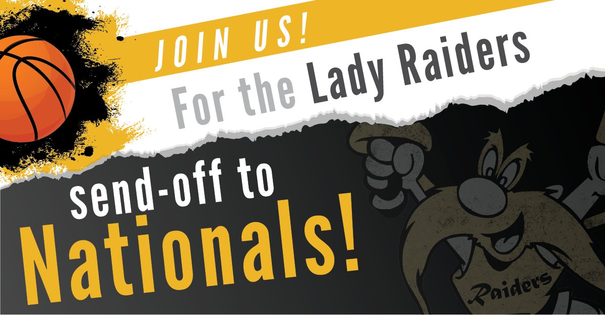 ThreeRivers_MO's tweet photo. Join us at 9 a.m. Sunday, March 13, in the parking lot in front of the Bess Activity Center as we wish our No. 1 ranked Lady Raiders safe travels to Lubbock and continued success at Nationals! #GoLadyRaiders #trcWBB #WeAre3R https://t.co/DISkCKtSmX