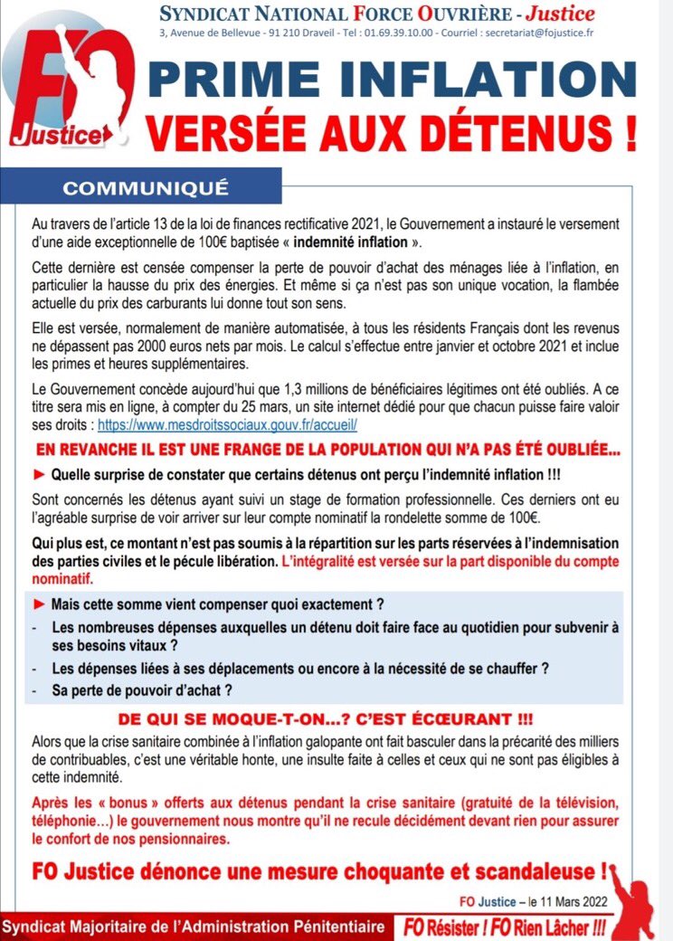 100€ de prime versée aux détenus au titre de l’inflation ! 
♻️RT RT SVP♻️
