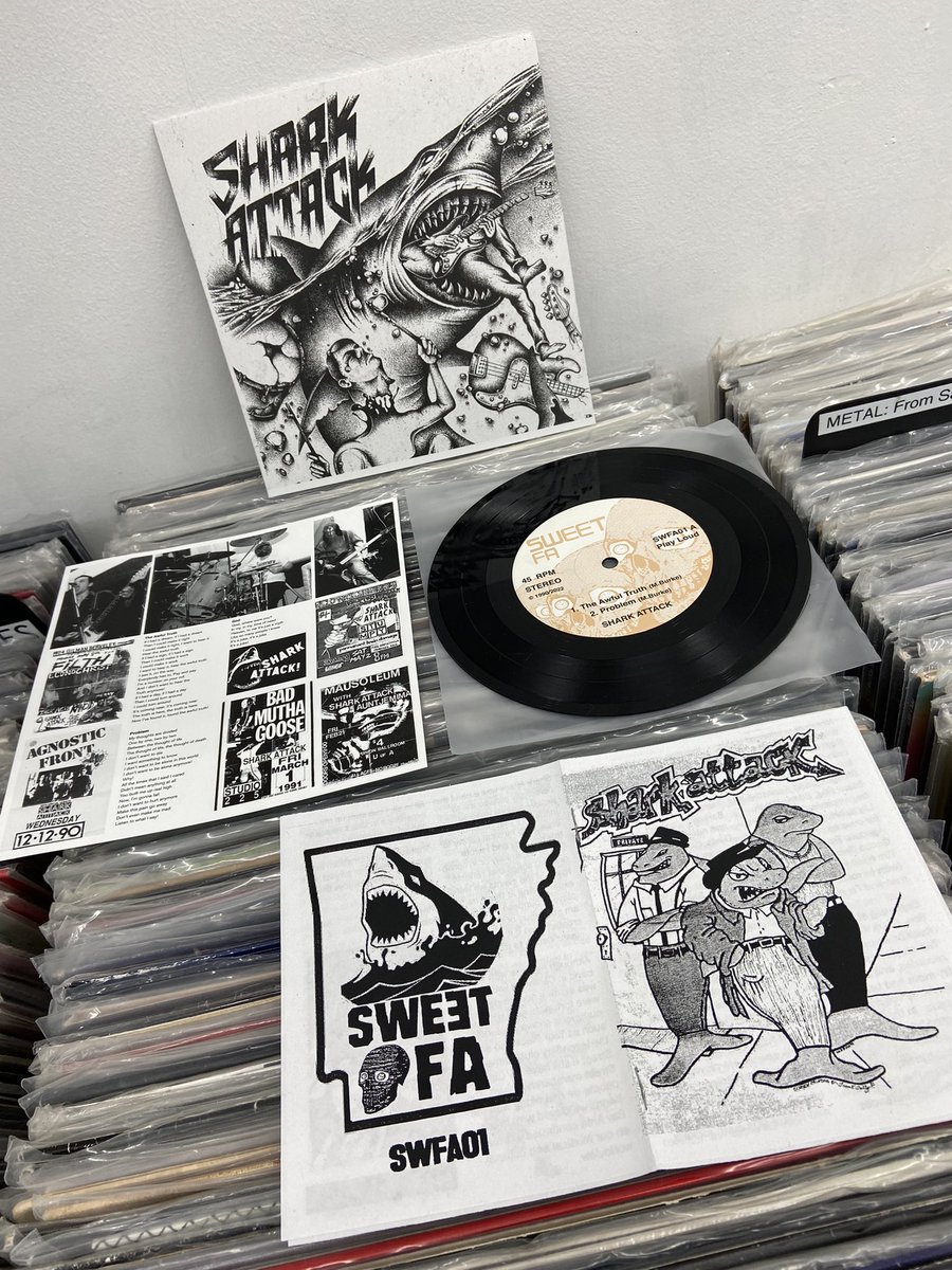RecordGrouch's tweet photo. New-In: psyched to discover more regional heavy #amrep punk, circa 1990. Archival release from Fayetteville’s #sharkattack who briefly moved to #oakland to join fellow Arkansans #econochrist but returned to AR & formed Cars Get Crushed (don’t know that band). Ozark Holy Rollers! https://t.co/Emwqnp2Q8S