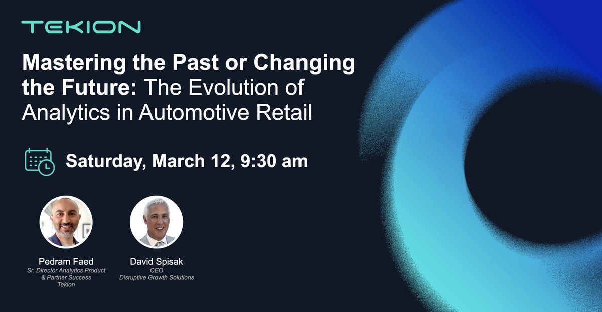 tekioncorp's tweet photo. Tekionite Pedram Faed will be joined by David Spisak, CEO of Disruptive Growth Solutions, on the Tekion #InnovationStage on Saturday morning. Come listen to an incredibly engaging discussion about the past and future of Analytics.  Saturday, 9:30, Booth 3701W #NADAShow https://t.co/0bH7wZjCOC