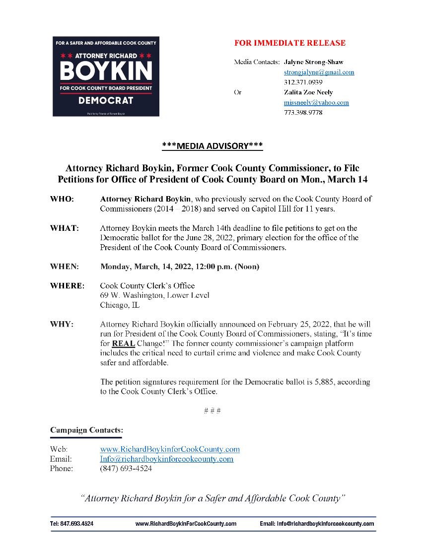 RichardRBoykin's tweet photo. Attorney Boykin meets the March 14th deadline to file petitions to get on the Democratic ballot for the June 28, 2022, primary election for the office of the President of the Cook County Board of Commissioners. #BoykinForCookCounty https://t.co/5SMsPOXBUt