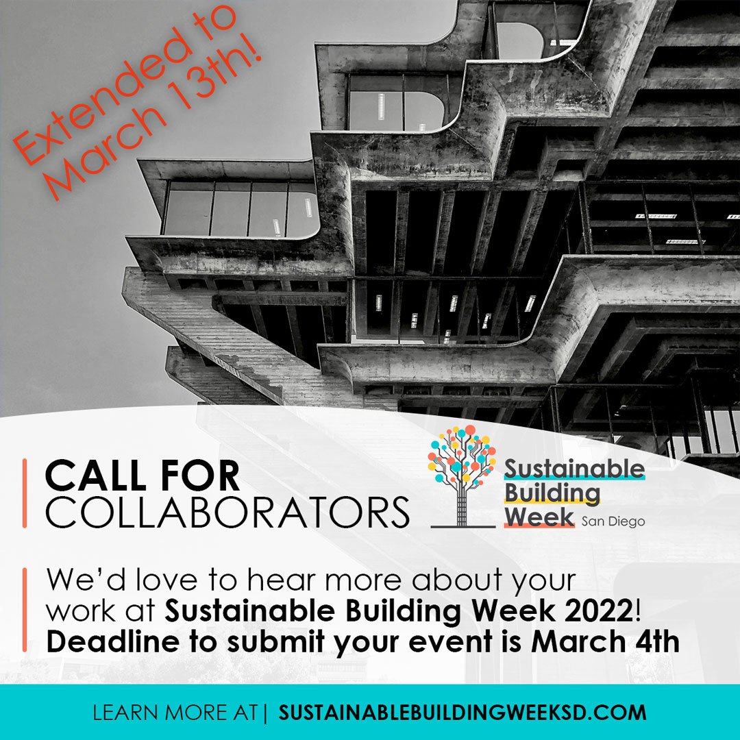 SD_GBC's tweet photo. Interested in presenting during Sustainable Building Week San Diego, April 4TH - 8TH?

There's still time to complete the interest form. Deadline now March 13TH! Link to the form is on our website
https://t.co/KrIKYgNtbx

#sustainability #sdgbc #sustainablebuildingweek #SanDiego https://t.co/MmKQkghvVY