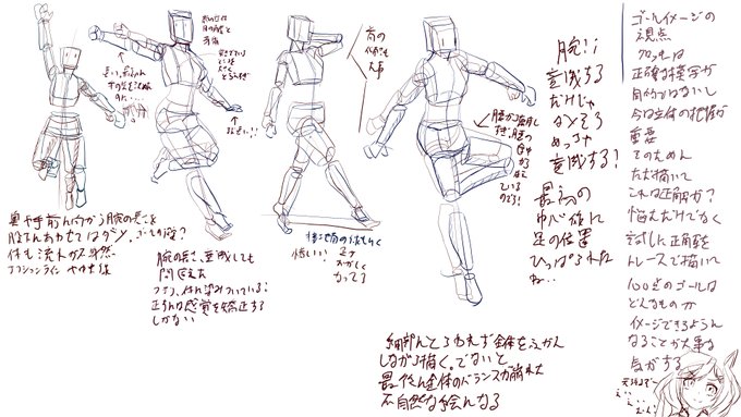 クロッキーのゴールがイメージできていなかったので、描き終えた後に元絵と重ねて修正しました(修正が赤線)判明した課題点!
・手の長さ=股下!の意識が強すぎて腕が奥や手前に向かっていても股下に合うよう配置している!
・細部に囚われず全体をふかんしながら描かないと、バランスが崩れる! 