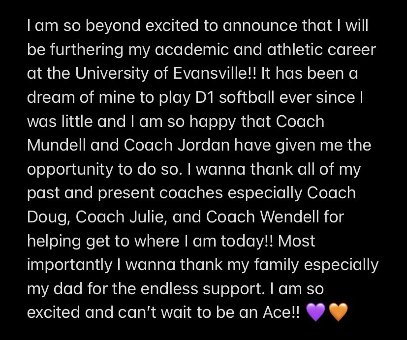 abbybode33's tweet photo. I am beyond excited to announce that I will be furthering my academic and athletic career at the University of Evansville!! Thank you @Coachmun and @jseneca12 for this amazing opportunity. I am so excited and can’t wait to be an Ace!! 💜🧡 @UEAthletics_SB @OhioHawks https://t.co/wGbmxkgjvQ