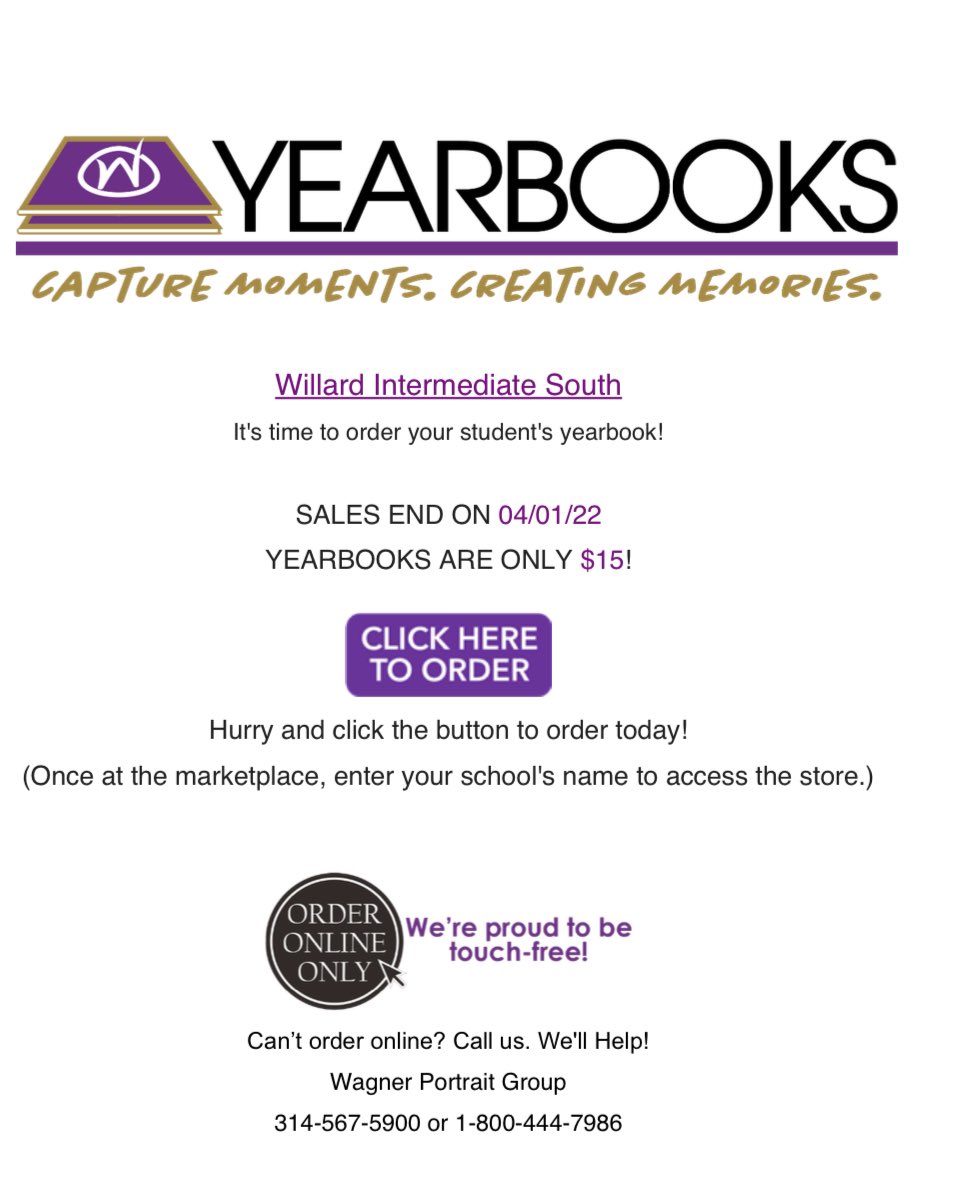 Order your Willard Intermediate South yearbook! Just follow the link in this post. Orders are due April 1. 

shop.yearbookmarket.com