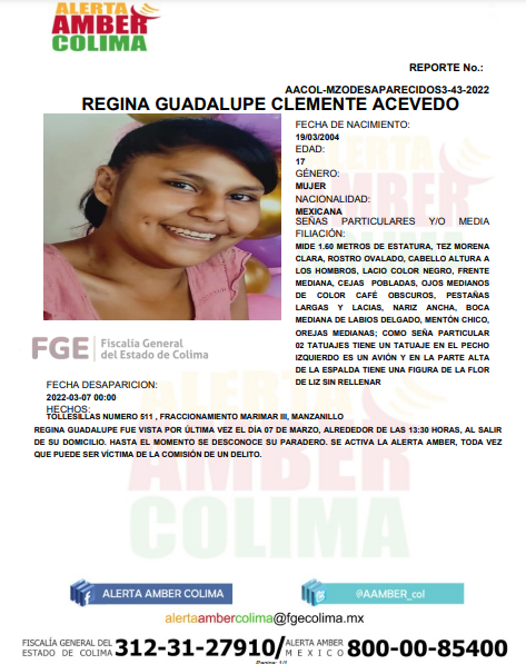AAMBER_col's tweet photo. Alerta AMBER Colima solicita su apoyo para localizar a la menor REGINA GUADALUPE CLEMENTE ACEVEDO, a quien se reportó como no localizada en Fraccionamiento Marimar III, del municipio de Manzanillo. https://t.co/6KhiqvPuzw