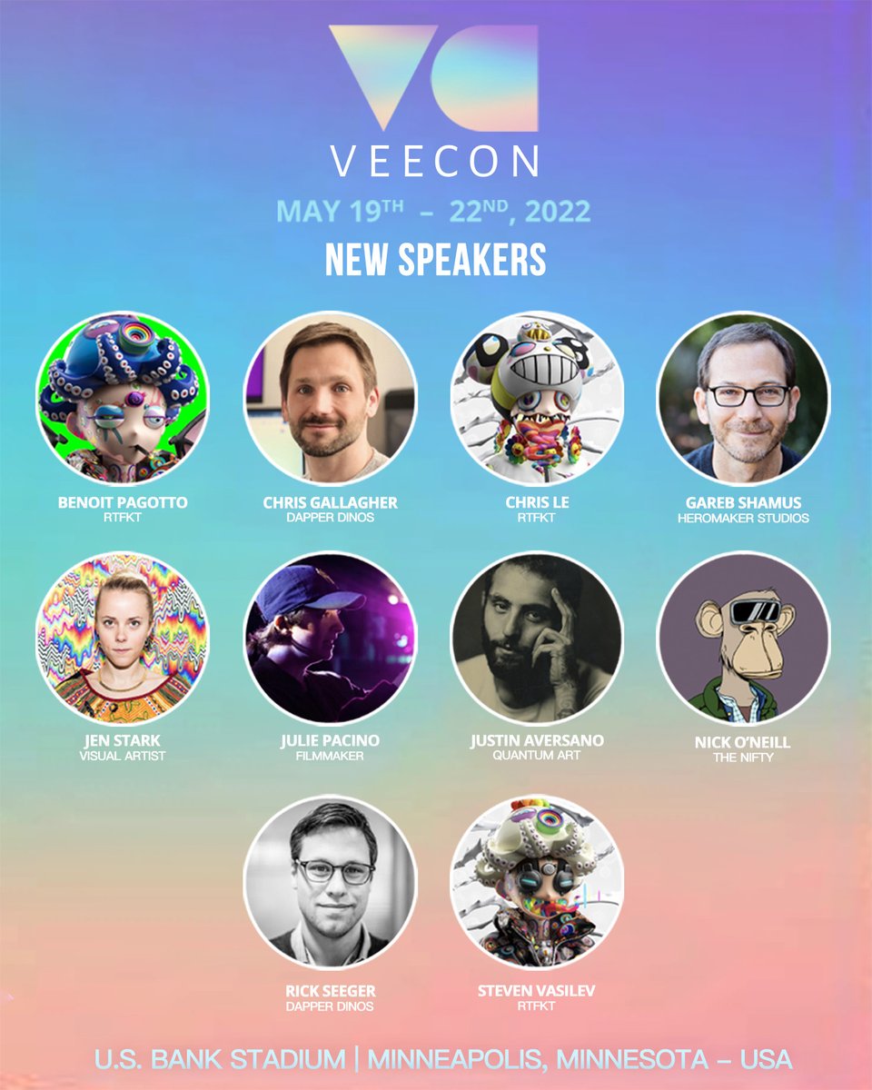 Announcing the newest addition to our cast of over 130 speakers and panelists at VeeCon 2022.

<a href="/benitopagotto/">Benit0 🪬</a> <a href="/cgclick/">CG</a> <a href="/clegfx/">ClegFX</a> <a href="/gareb/">Gareb Shamus</a> <a href="/Jen_Stark/">Jen Stark</a> <a href="/Julie_Pacino/">Julie Pacino</a> <a href="/justinaversano/">justinaversano</a> <a href="/allnick/">Nick O’Neill</a> <a href="/madrick5/">Rick Seeger (🎩,🦖)</a> <a href="/Zaptio/">Zaptio RTFKT</a>

Stay tuned for more #SeeYouAtVeeCon