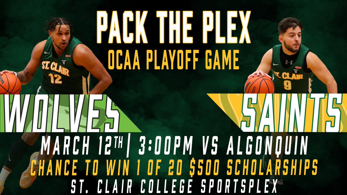 <a href="/stclairsaints1/">Saints Athletics</a> Men's Basketball take on <a href="/ALGWolves/">Algonquin Wolves</a> in the <a href="/TheOCAA/">Ontario Colleges Athletic Association</a> 1/4 Finals <a href="/SportsPlexFit/">SportsPlex Fitness</a> at 3pm saintsathletics.ca/sports/mbkb/20…