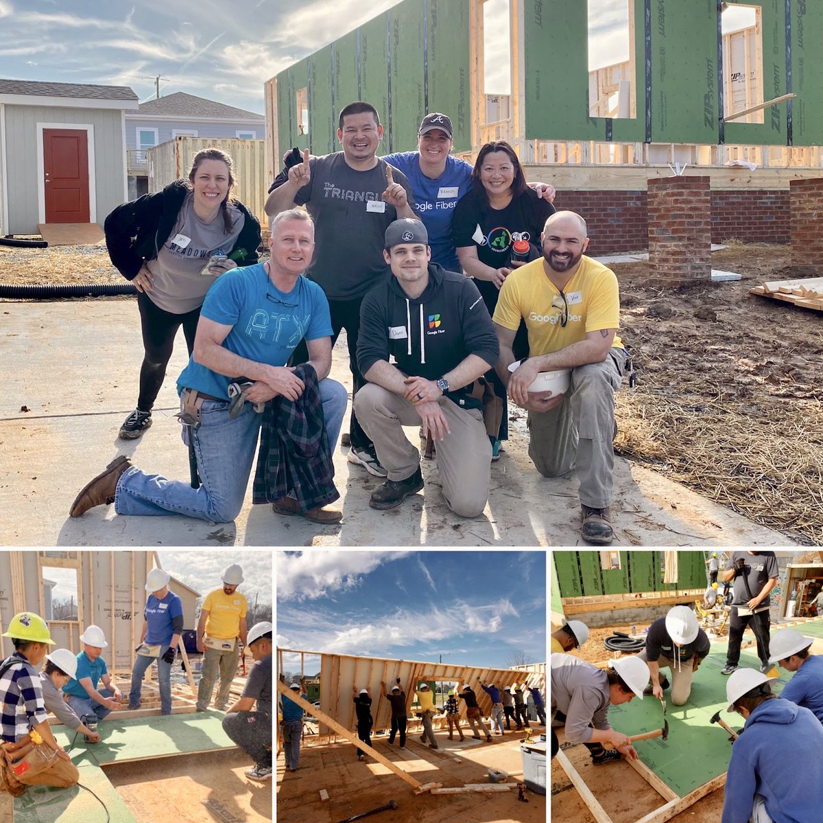 Photo montage of seven Google Fiber team members helping construct a wall of a house.