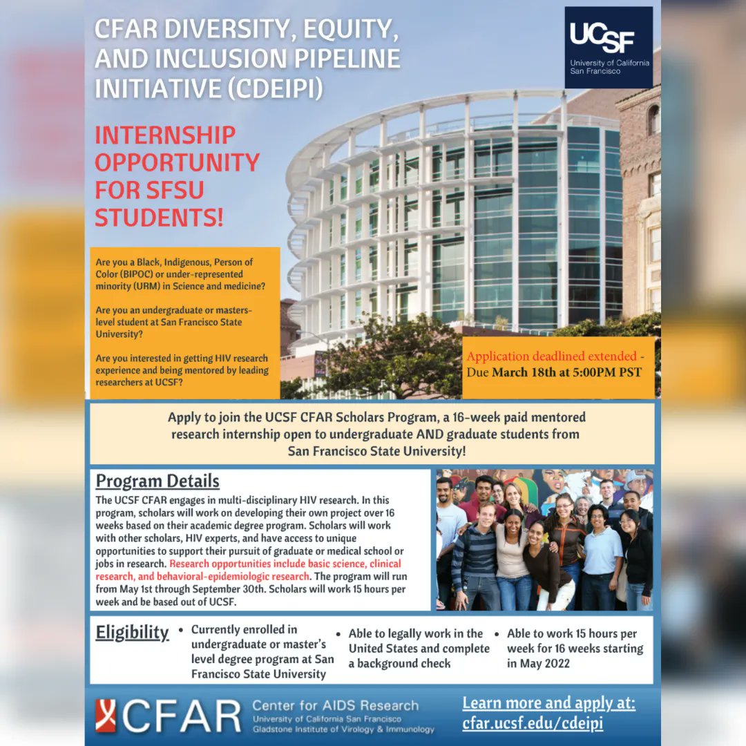 Apps for the UCSF CDEIPI Program have been extended until March 18! Don't miss out on this exciting HIV research experience and being mentored by leading researchers at UCSF. Apply at cfar.ucsf.edu/cdeipi.