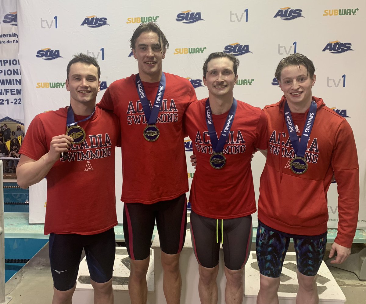 DalTigers's tweet photo. SWIM: men’s 400m freestyle relay 
🥇 @AcadiaAthletics 
🥈 DAL 
🥉 @MUNathletics 

@AUS_SUA https://t.co/I6JwbXFB5P