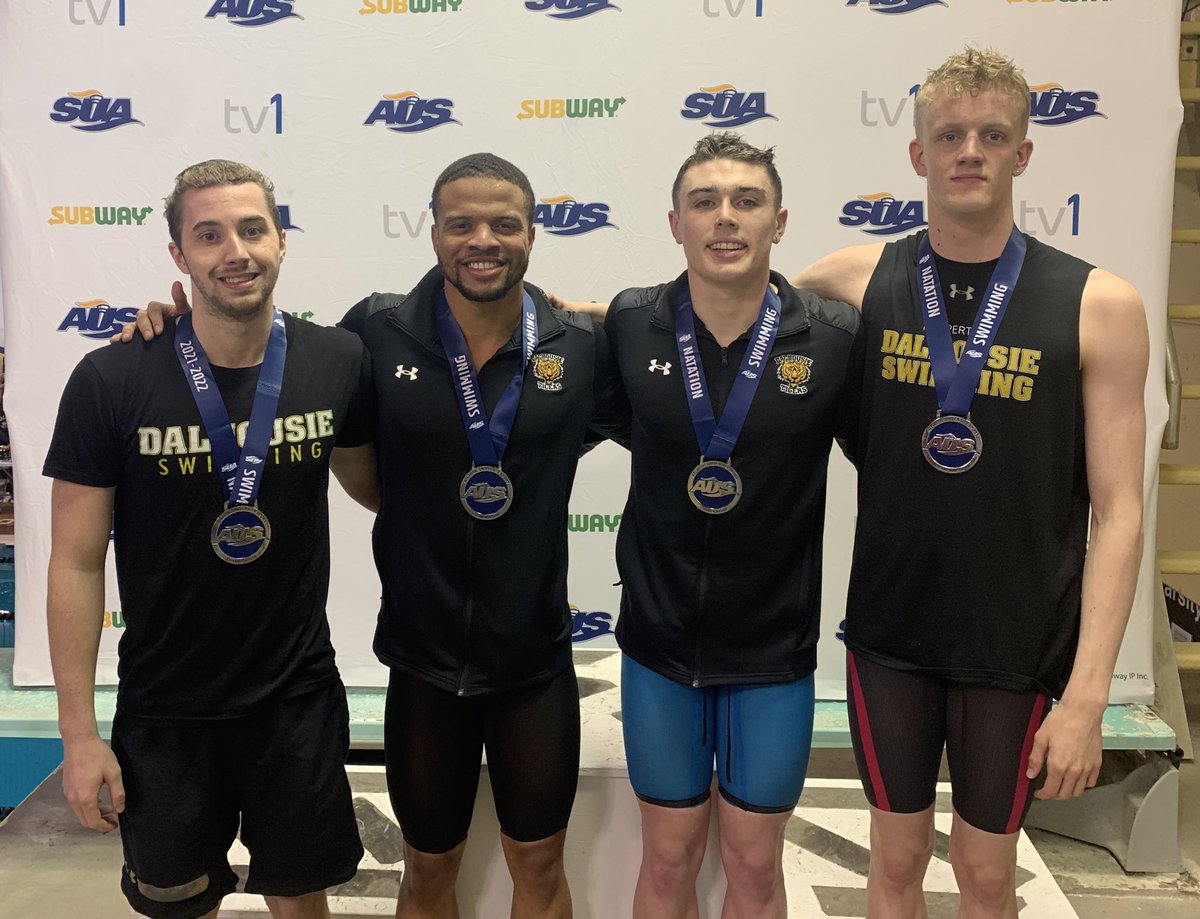 DalTigers's tweet photo. SWIM: men’s 400m freestyle relay 
🥇 @AcadiaAthletics 
🥈 DAL 
🥉 @MUNathletics 

@AUS_SUA https://t.co/I6JwbXFB5P