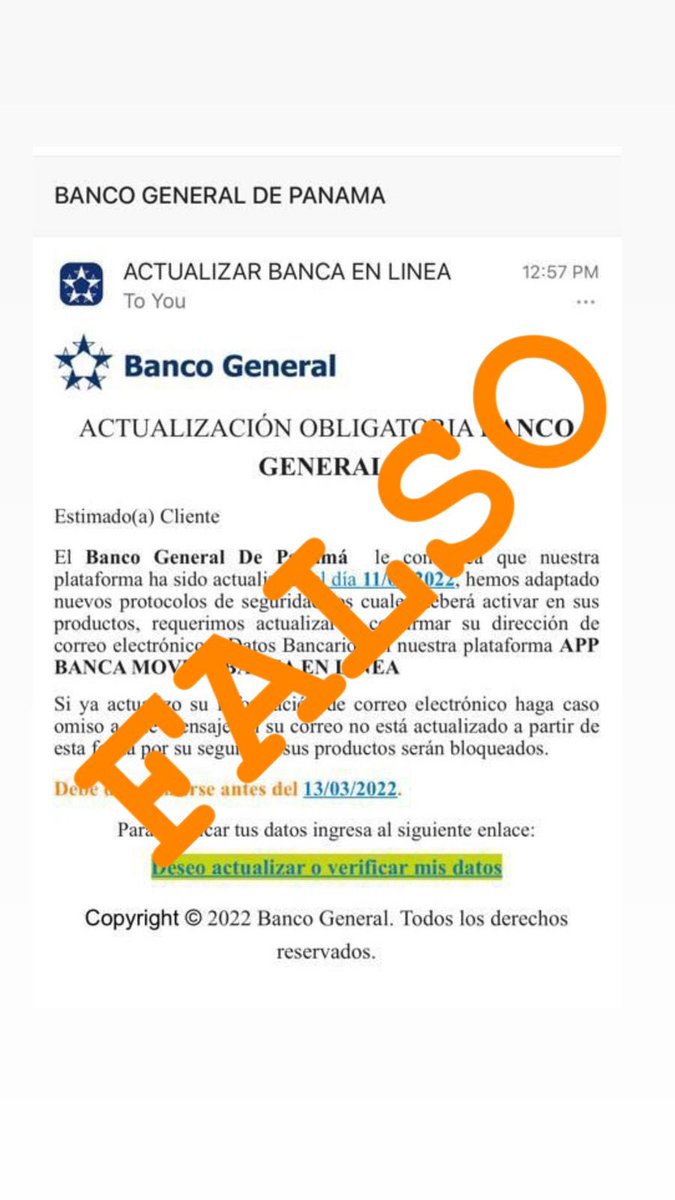 ⚠️ Este correo fraudulento se encuentra circulando. Si te llega: ¡No hagas clic en el enlace! Podrías estar dándole tus datos a personas malintencionadas.