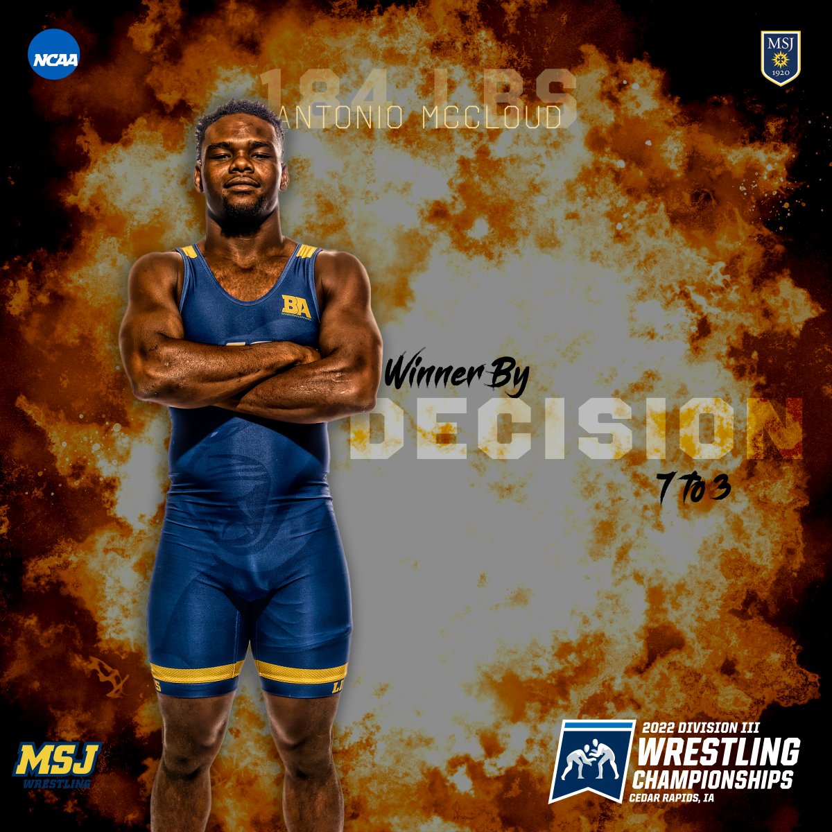 MSJ_Athletics's tweet photo. Cornell Beachem Jr. and Antonio McCloud of @msjwrestling both advance in the @NCAADIII Wrestling National Championship. Both will wrestle again during the 6 pm session!  #SetItOff #D3wrestle #MountUp https://t.co/9ym4WjthFW