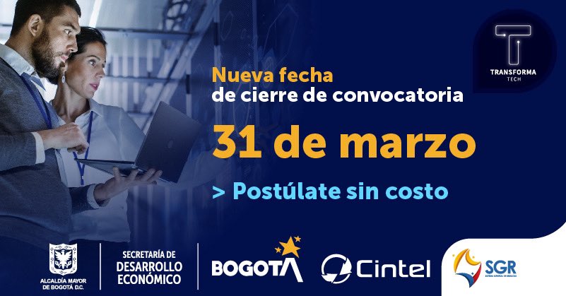 CINTELColombia's tweet photo. ¿Todavía no eres parte de #TransformaTech?

¡No te preocupes! Extendimos nuestra fecha de cierre de convocatoria hasta el 31 de marzo para que más MiPymes aceleren su #TransformaciónDigital.

No lo dejes pasar y postúlate hoy mismo: https://t.co/E6omc5uVQH https://t.co/EfzS2jSycc