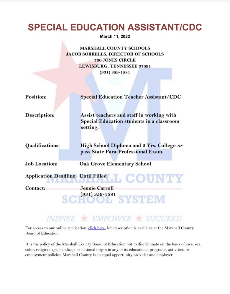 Job Posting. Questions regarding position please contact Jennie Carroll @ The Board of Ed. 931-359-1581