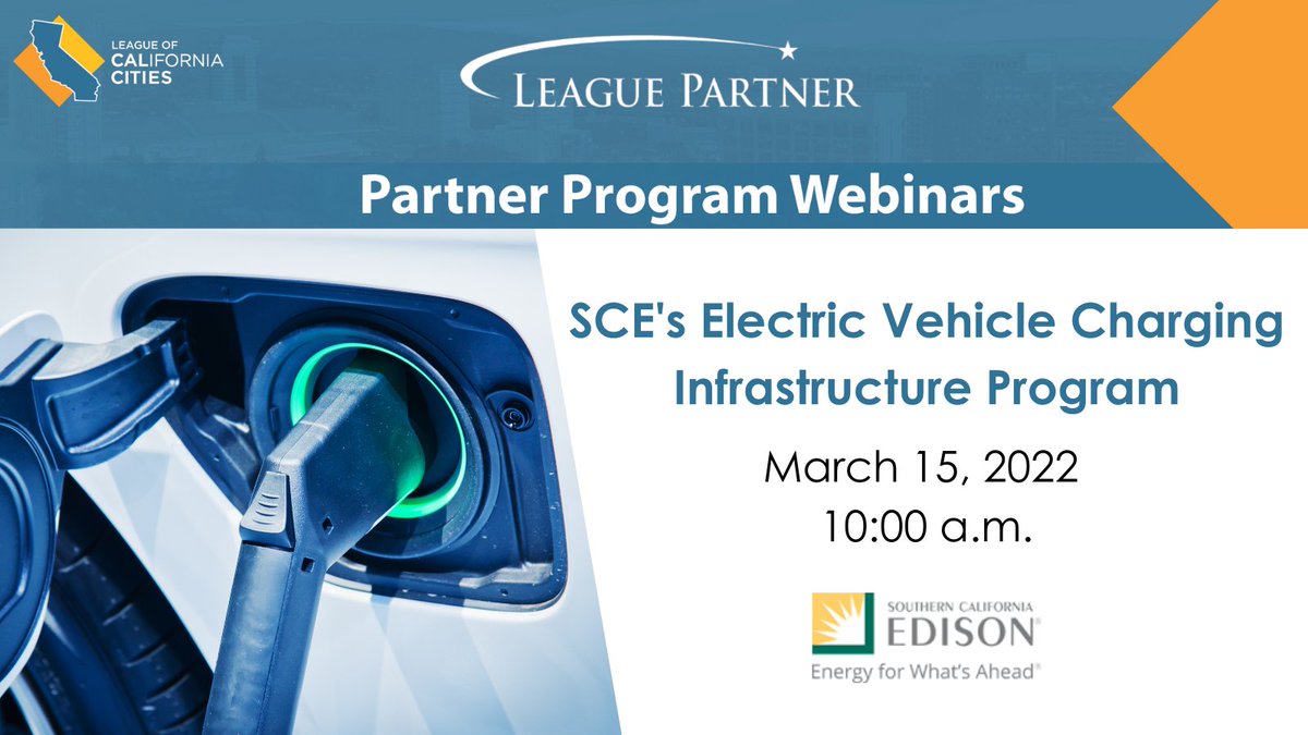 Looking to install EV charging stations in your city? Join #CalCities League Partner <a href="/SCE/">SCE</a> webinar on its new electric vehicle program, Charge Ready. Happening on March 15! Register @ bit.ly/3Mlgfnx