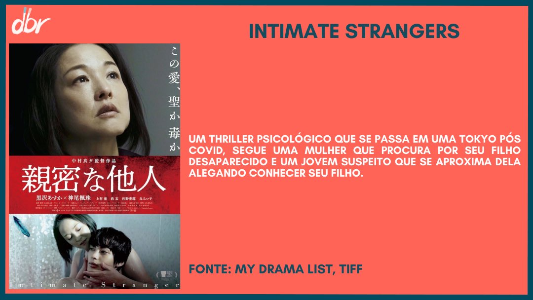 DramalandBR's tweet photo. Intimate Strangers (#IntimateStrangers)
País: Japão
Duração: 1hr. 36min.
Gênero: Thriller, Psicológico
Elenco: Kurosawa Asuka, Kamio Fuju, Uemura Yuu, Sano Shiro, Oka Mitsuko https://t.co/y2SxWYgekP