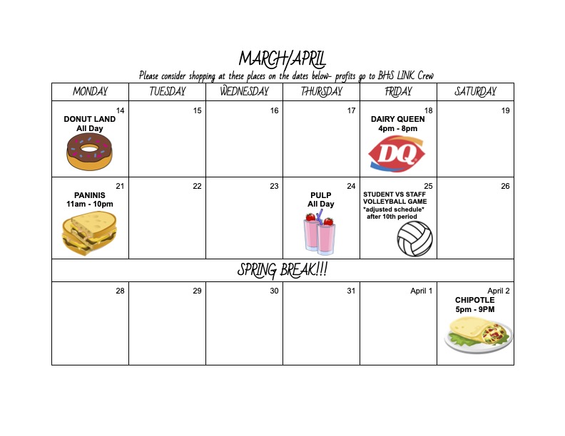 Looking for a yummy way to support an incredible organization? <a href="/BCSDBrunswickHS/">Brunswick High School</a> Link Crew has several delicious fundraisers planned at locally-owned restaurants! Please contact Sarah Salvatore at ssalvatore@bcsoh.org with any questions.