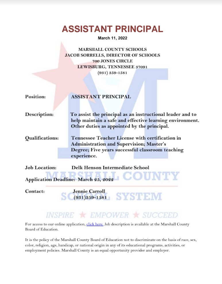 Job Posting. Questions regarding position please contact Jennie Carroll @ The Board of Ed. 931-359-1581