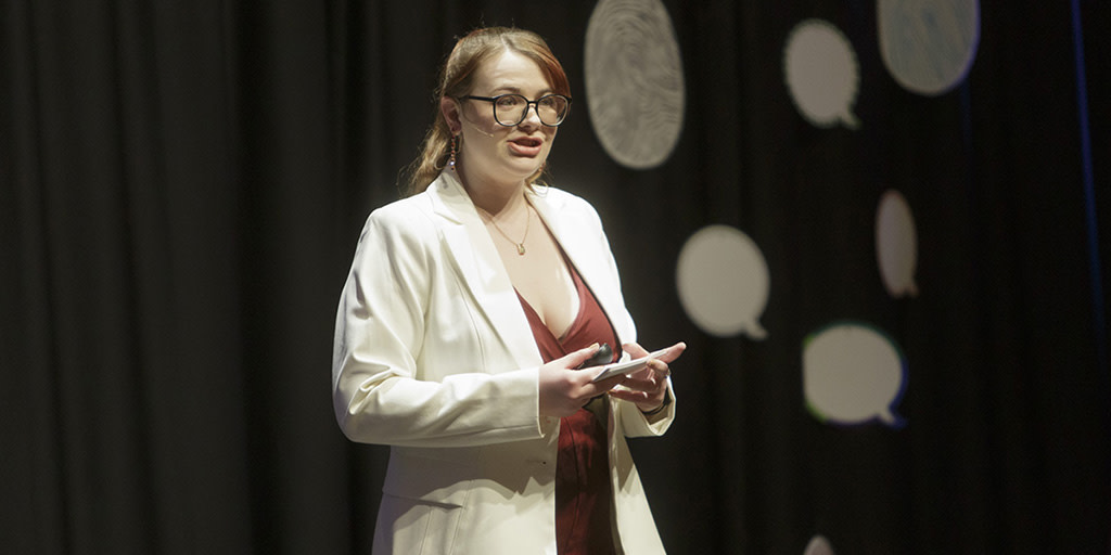 MSUMoorhead's tweet photo. At the 4th annual Speak Up Event, MSUM students, alumni and staff gave TED-style talks about the Purpose of Identity. Through personal stories, they unwrapped what identity means to them, inviting their audience to consider what shapes our sense of who we are. https://t.co/5zxOYjlsP2