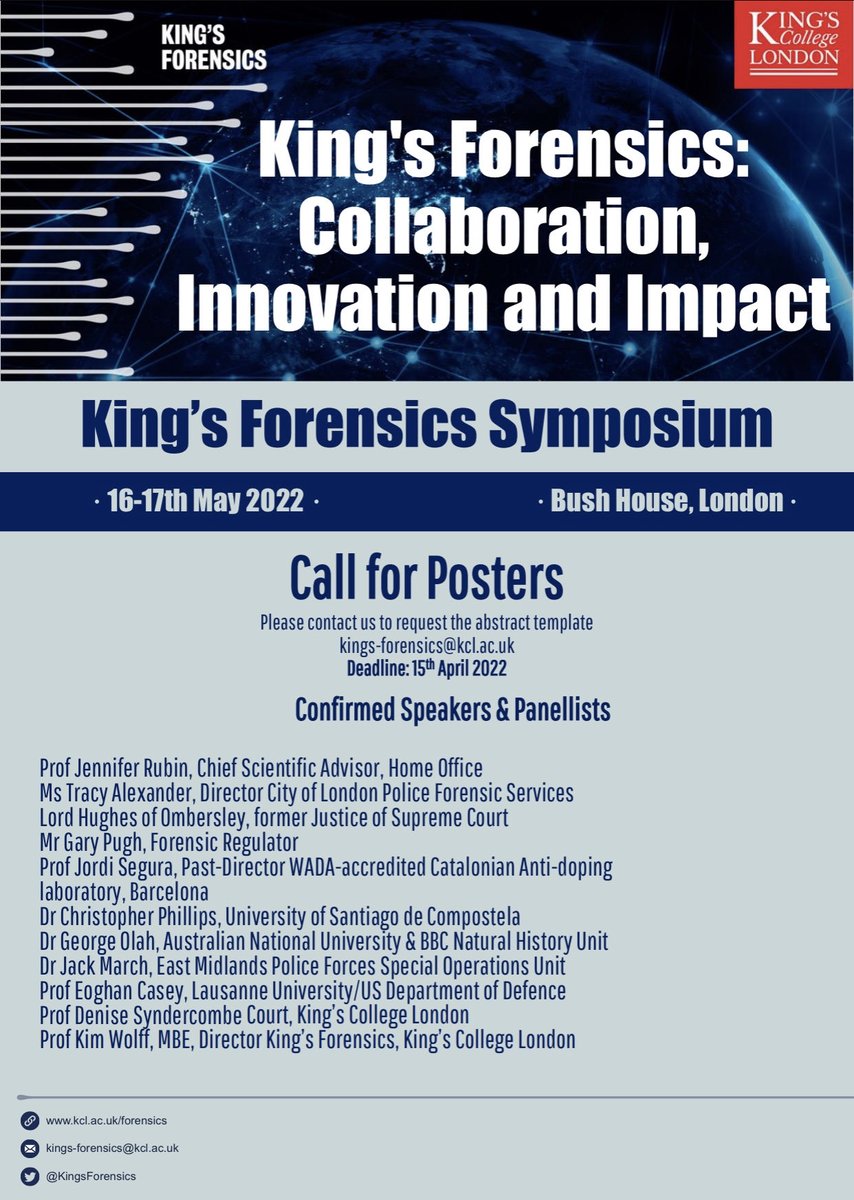 ⁦<a href="/KingsForensics/">King's Forensics</a>⁩ ⁦<a href="/KingsCollegeLon/">King's College London</a>⁩ ⁦<a href="/kingsmedicine/">King's Faculty of Life Sciences & Medicine</a>⁩ ⁦<a href="/KCLcancer_pharm/">School of Cancer & Pharmaceutical Sciences</a>⁩ inviting submissions #CallforPosters #Symposium2022 #Collaboration #Innovation #Impact  kcl.ac.uk/events/kings-f…