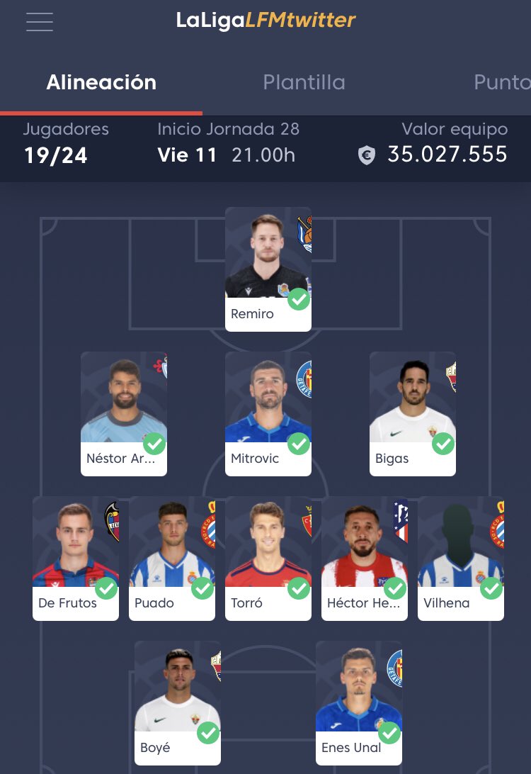🔥 Mi 11 para la Jornada 2️⃣8️⃣ en #LFMSrMinguez 🏆 <a href="/FantasyLaLiga/">Fantasy LALIGA</a> 💪🏼 Patrocinado por <a href="/DeporteParaiso/">Paraiso del Deporte</a> 🤩

A ver esos onces 🔥 Suerte cracks <a href="/julianCHross/">Julian Ross</a> <a href="/Anhaksunamum/">Anhaksunamum</a> @josmiz2 @ToBaFe <a href="/ra_plo/">Ramón 🍍</a> <a href="/DLCDLC5/">DLC DLC</a> <a href="/kingfantasy8/">kingfantasy</a> 💪🏼🍀
