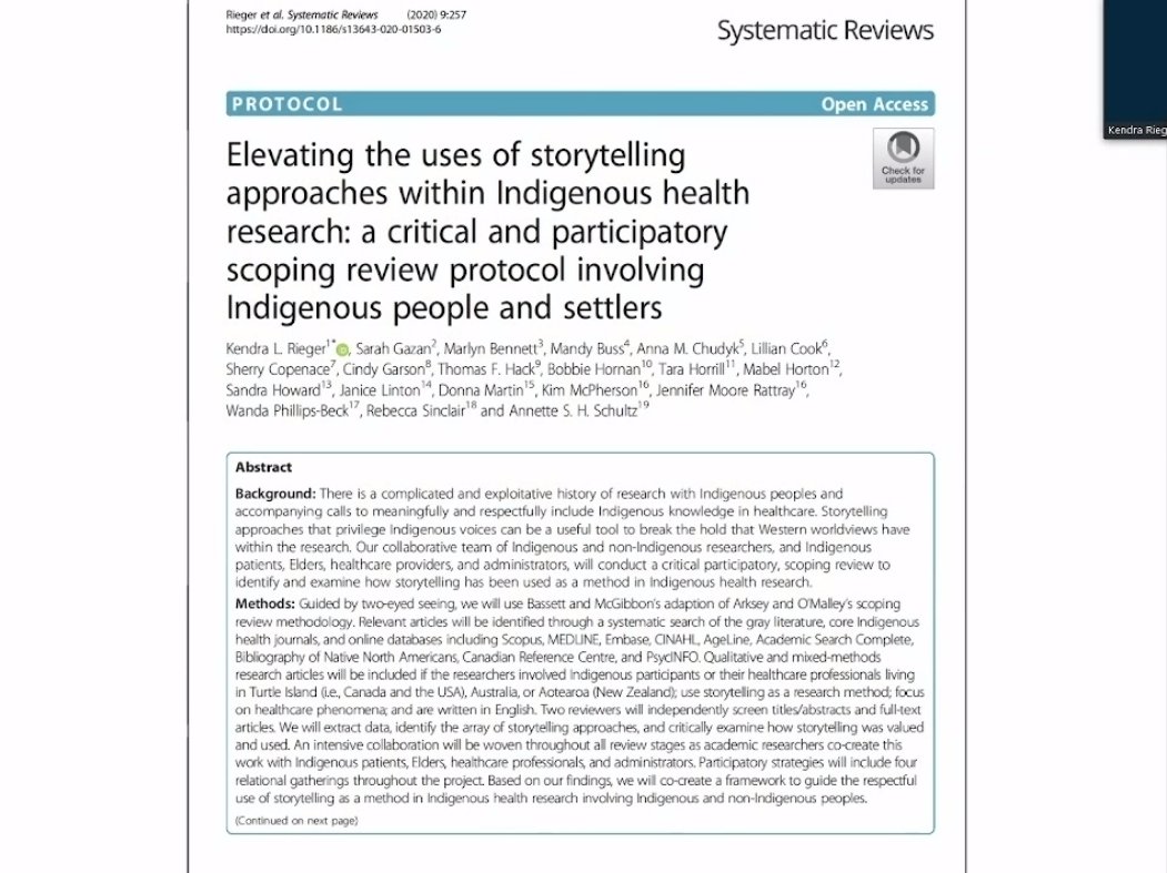 Fantastic to hear @RiegerKendra & @marlynbennett3 speak about their work on understanding #storytelling as a method for #Indigenoushealthresearch including the  sustained engagement with patient partners as research team members... @TWUNursing @umanitoba #POR #PPF22