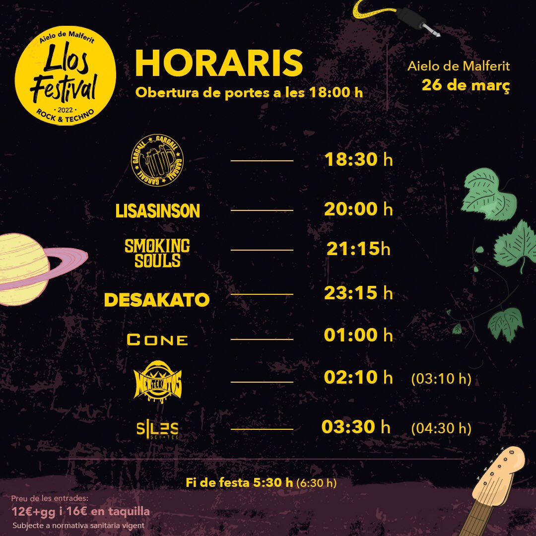 llosfestival's tweet photo. 🔥 *HORARIS LLOS FESTIVAL*🔥

🚪18h OBERTURA PORTES
18:30h #GARGALL
20:00h @Lisasinsonm
21:15h @Smoking_Souls 
23:15h @desakatorock
01:00h #CONE
02:10h (03:10h) #MENTEKATOS
03:30h (04:30h) #SILES
⌛05:30h (06:30h) FI DE FESTA https://t.co/w2GdaPf20N