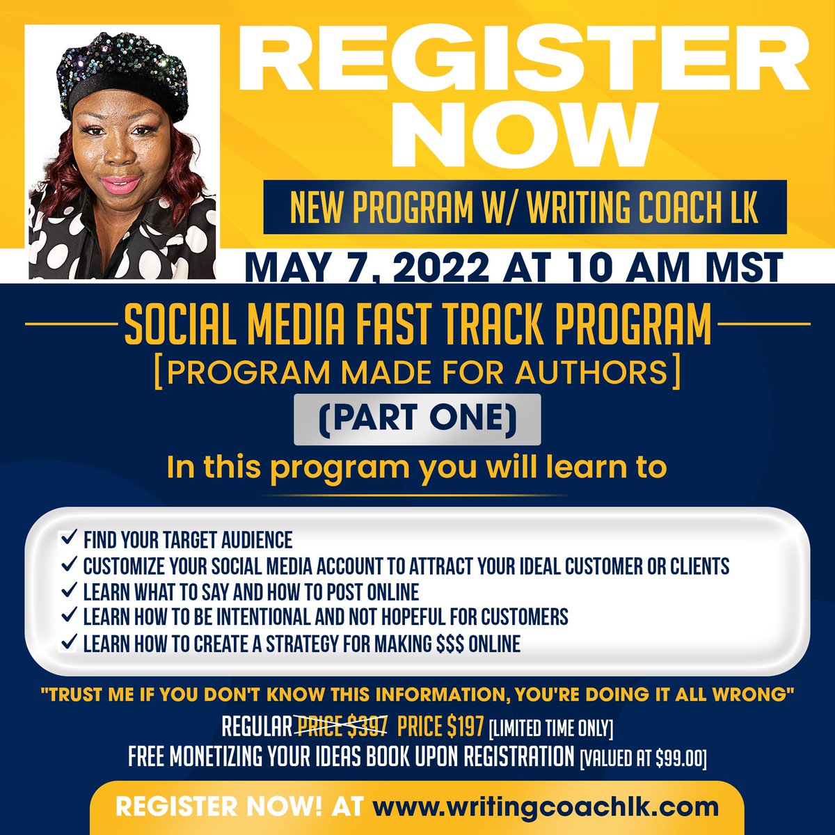 iwritewacademy's tweet photo. S𝚘𝚌𝚒𝚊𝚕 M𝚎𝚍𝚒𝚊 is hard UNLESS you know how to do it. Let me help you SELL ONLINE.

W𝐫𝐢𝐭𝐢𝐧𝐠 𝐚 𝐛𝐨𝐨𝐤 𝐢𝐬 𝐠𝐫𝐞𝐚𝐭 𝐛𝐮𝐭 POINTLESS 𝐢f 𝐲𝐨𝐮 𝐡𝐚𝐯𝐞𝐧’𝐭 𝐜𝐫𝐞𝐚𝐭𝐞𝐝 𝐚 𝐬𝐭𝐫𝐚𝐭𝐞𝐠𝐲 𝐭𝐨 $ELL‼️

Here’s The LINK to Register 
https://t.co/cwv2zavdsU https://t.co/ejOnI3ao6Y