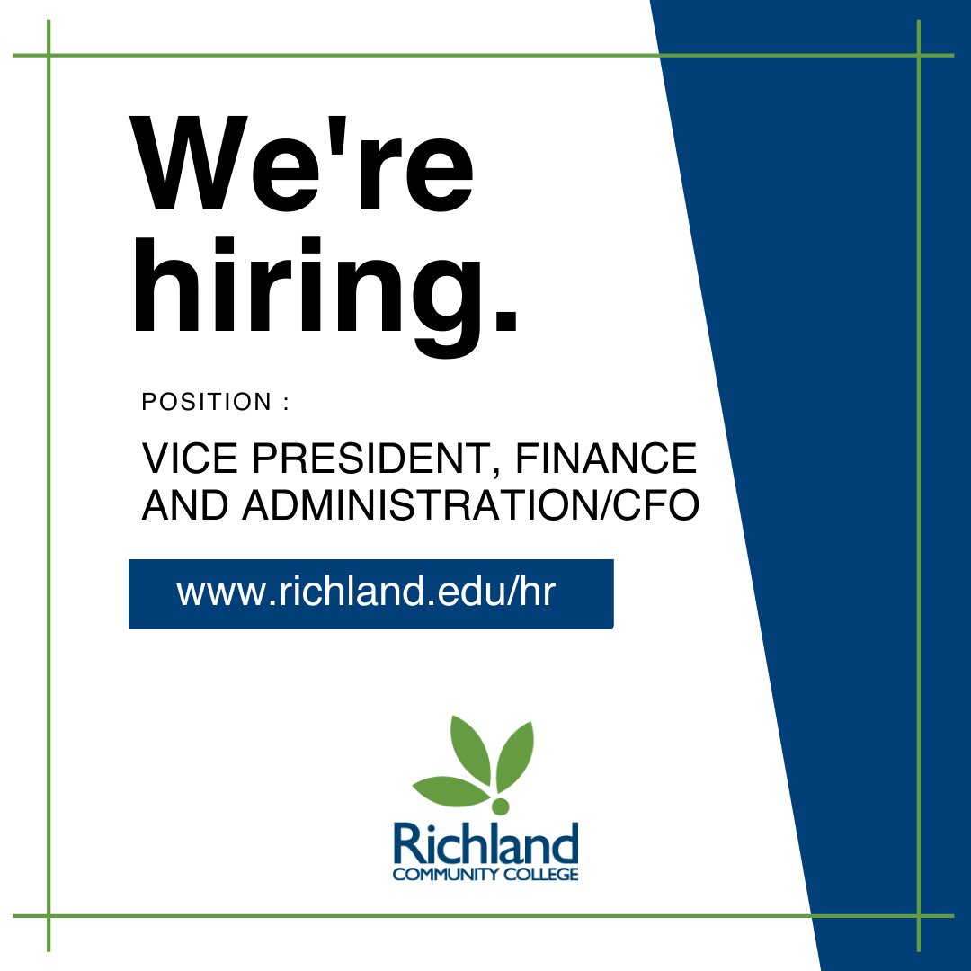 Richland Community College is currently seeking applicants for the Vice President, Finance and Administration/CFO position. More information about this position and how to apply, visit: richland.peopleadmin.com/postings/507