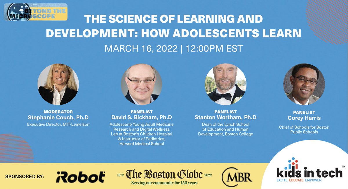 #GoBeyondTheMicroscope with <a href="/kidsintechorg/">Kids In Tech</a> on March 16. This webinar will examine the development of the brain during adolescence and what conditions are needed to set children up for success at any age. 

Register here: bit.ly/3KB7tQL