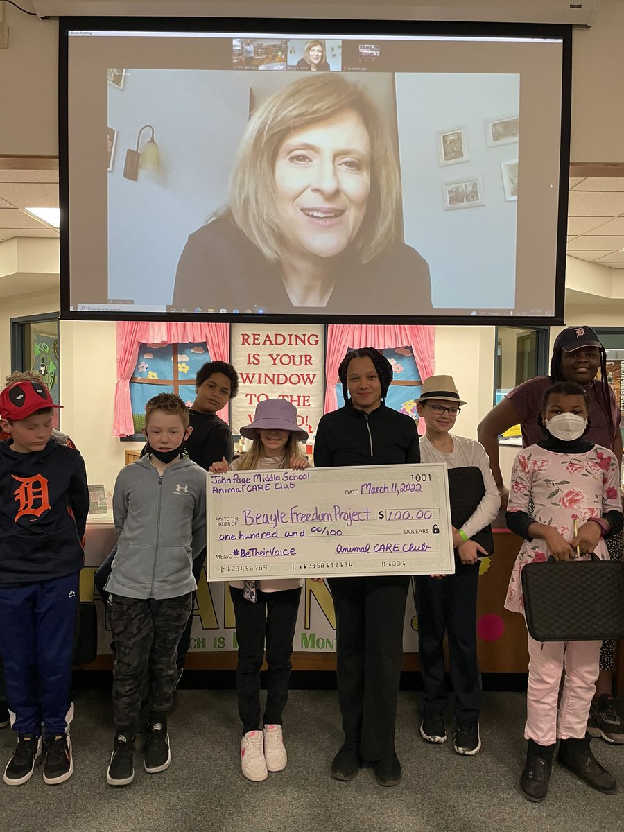 Thank you <a href="/beaglefreedom/">Beagle Freedom Project</a> for zooming with our <a href="/PagePanthers/">John Page Middle School | The Lamphere Schools</a> Animal CARE Club today 🐾🐾 We are excited to start using the <a href="/CrueltyCutter/">Cruelty Cutter</a> app and enjoyed meeting Ms. Kathy and her rescue beagles 🐾🐾 We hope our donation helps free more animals from cruel testing! #wearelamphere