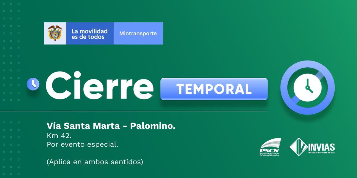 ¡Buenas tardes!

#NovedadVial Departamento de #Magdalena se presenta cierre temporal por parte de las autoridades del sector. #EnDesarrollo

Trabajamos para mantenerte informado.